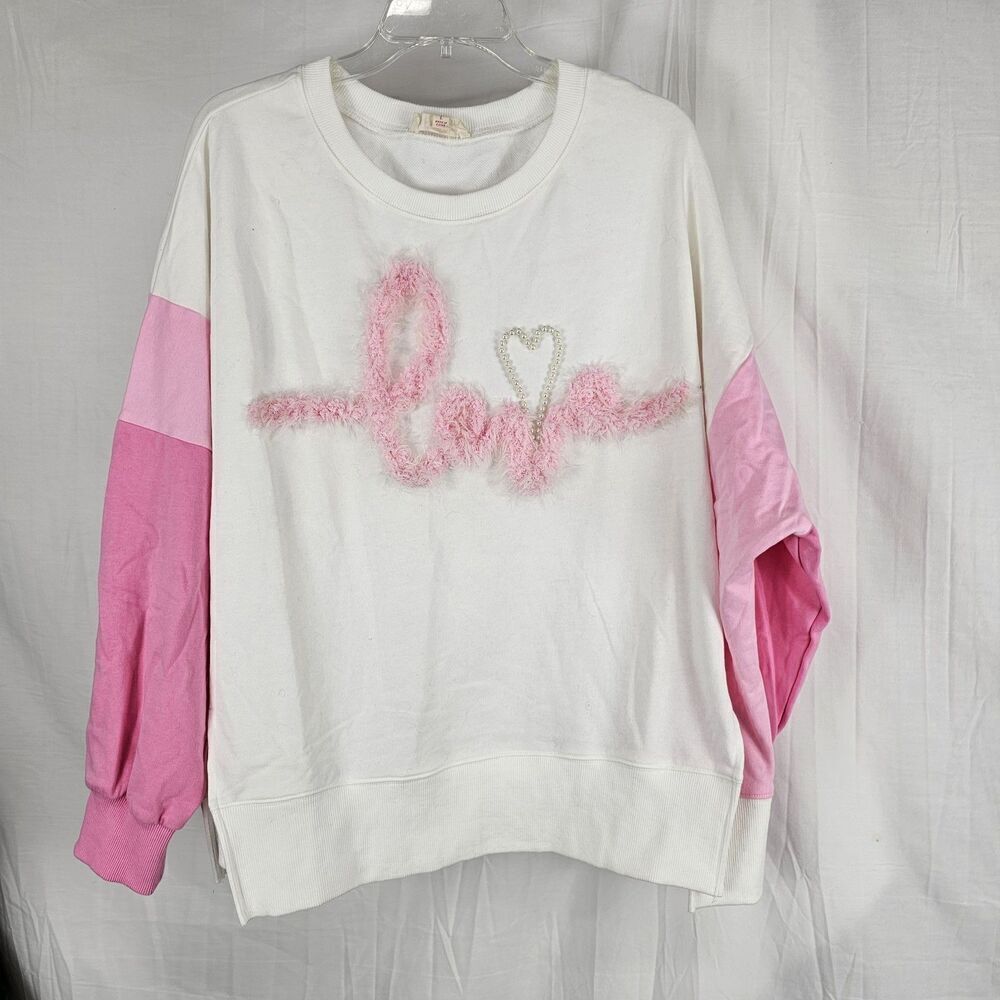 Peach Love California Pink White Colorblock Love Yarn Pullover Women's Size Larg